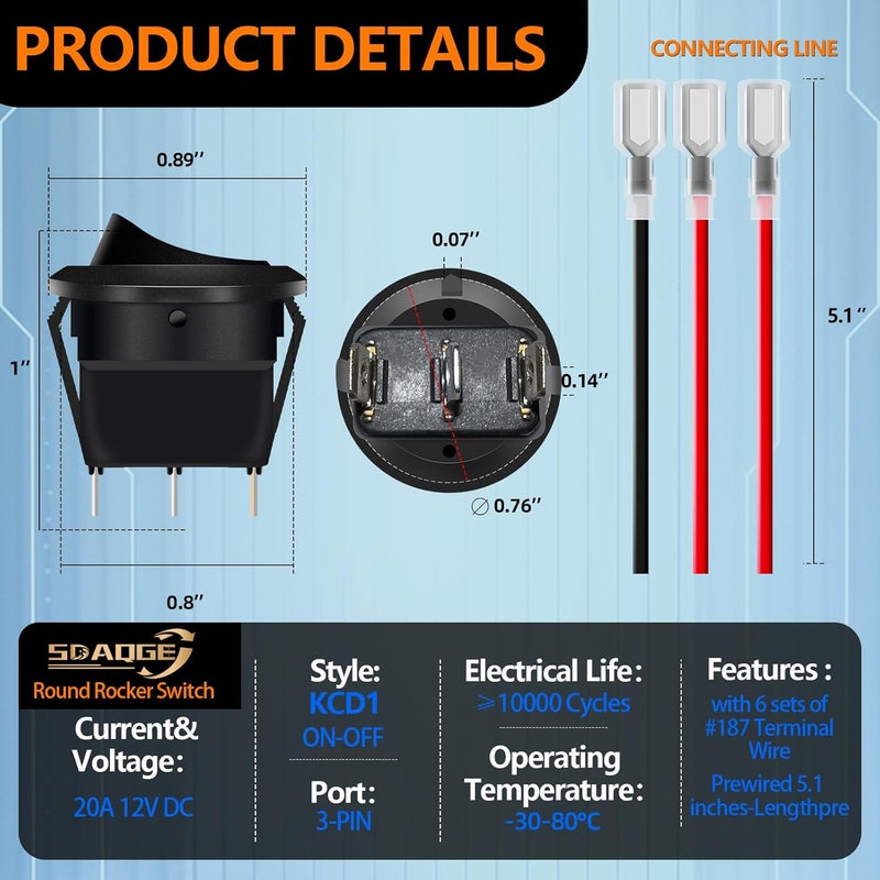 SDAQGE 12 Volt Round Rocker Switch,6Pcs LED Round Toggle Switch with Link Line 3Pin Snap-in Design Wires Pre-Wired DC 20A 12V for Car Truck Marine Boat Rv Vehicle 6PCS - Image 2